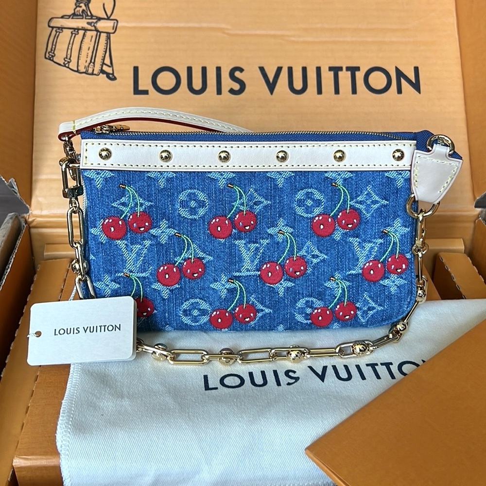 🍒 NEW Louis Vuitton x Takashi Murakami Cherry Denim Pochette Accessoires Cerises
